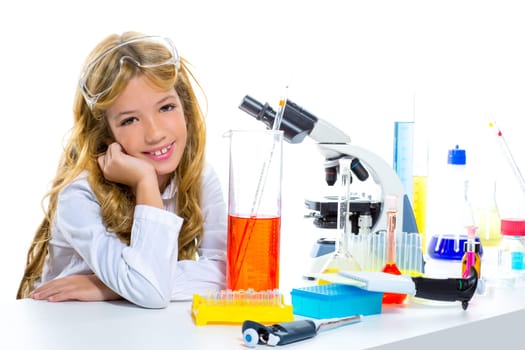 Children student girl in kid chemical laboratory at school on white