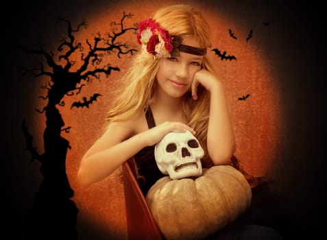 halloween kid girl with pumpkin and skull smiling on vintage background