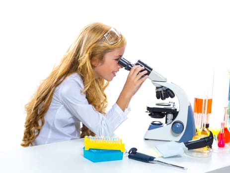 Children student girl in kid chemical laboratory at school on white