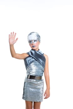 children futuristic fashion children girl rising hand up silver makeup on white