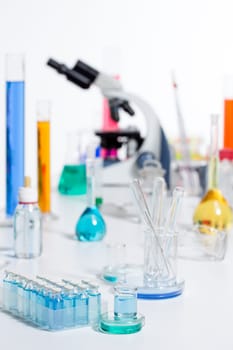 Chemical scientific laboratory stuff microscope test tube flask pipette