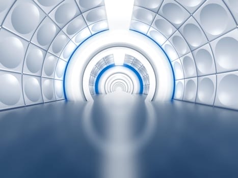 Futuristic tunnel like spaceship corridor with glowing lights