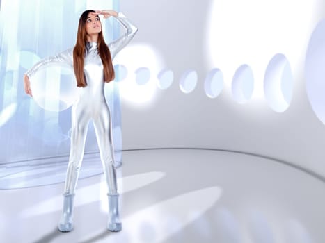 Astronaut futuristic silver woman glass helmet in modern spaceship indoor