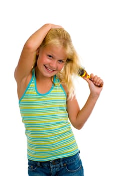 cute blond girl brushing her hair, isolated on white
