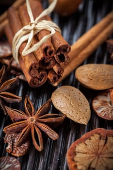 Assortment of spices and nuts for Christmas for baking cookies