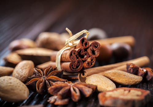 Assortment of spices and nuts for Christmas for baking cookies