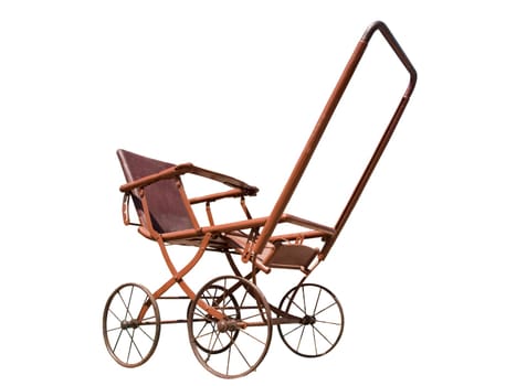 Frame of an old brown sports stroller isolated on white