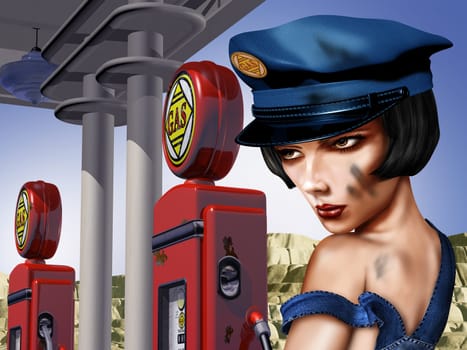 Vintage gas station with a female gas pump attendant