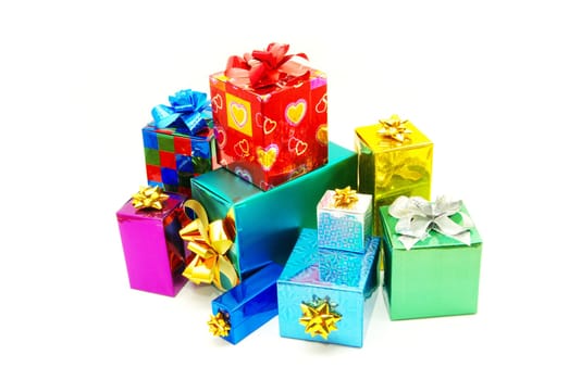 Christmas box gifts with satin bow isolated on white background