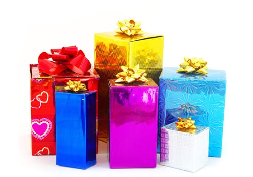 Christmas box gifts with satin bow isolated on white background