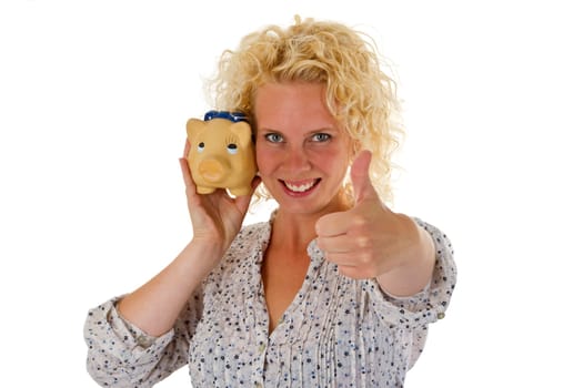 Young woman with piggy bank isolated on white background