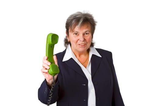 Senior boss with telephone receiver - isolated on white background
