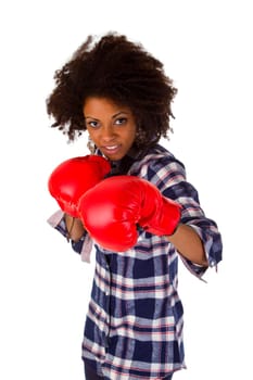 Young woman with red boxing gloves isolated on white background