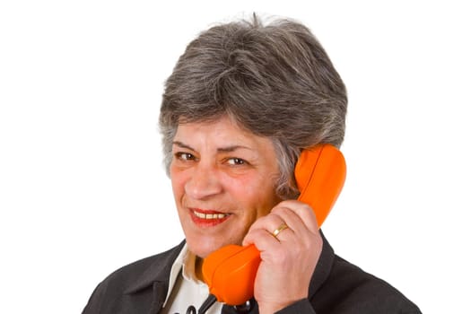 Senior woman talking on the phone - isolated on white background