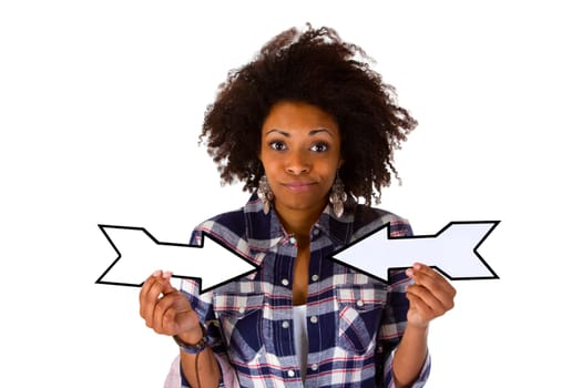 Young woman holding arrows isolated on white background