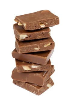 Chocolate,close-up of chocolate pieces against white background