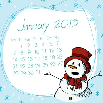 January 2013 calendar with saluting snow man.