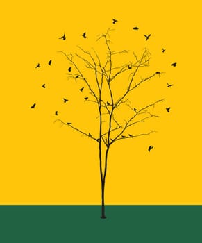 Conceptual graphic illustration with a leafless winter tree silhouette and birds.