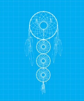 Native American-Indian dreamcatcher blue print sketch.