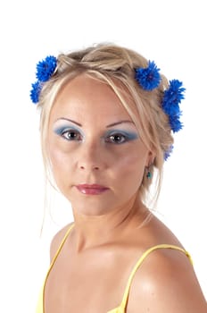 Blond woman in cornflowers wreath isolated on white