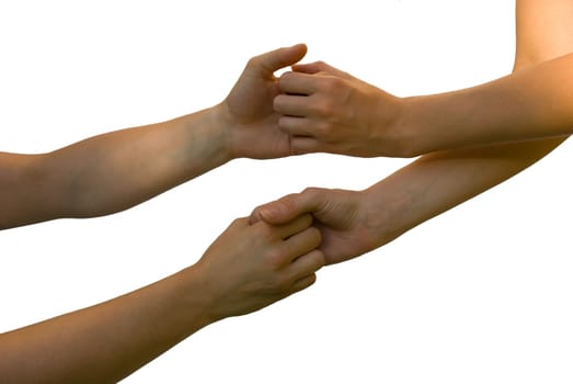 four hands and arms hold each other in an unusual way, isolated on white