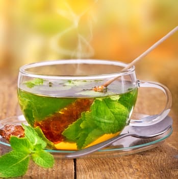 fresh peppermint tea on a natural background
