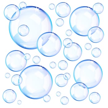 Transparent blue soap bubbles over white background