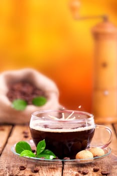 fresh hot coffee against natural background