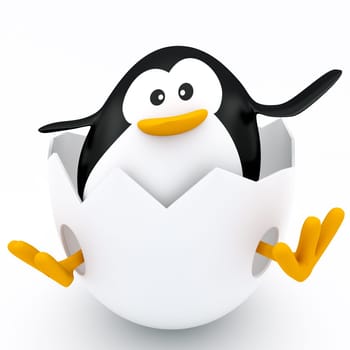 Fat peguin inside a cracked eggshell - 3D render