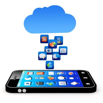 Smartphone with cloud of application icons  Note: All Devices design and all screen interface graphics in this series are designed by the contributor him self.