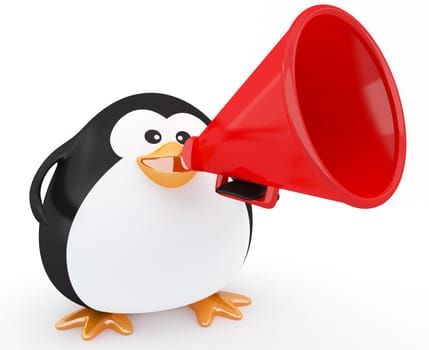 Fat penguin with a red megaphone - 3d render