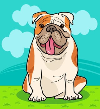 Cartoon Illustration of Funny English Bulldog Dog against Sky with Clouds