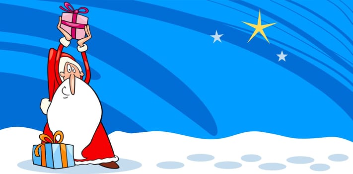 Greeting Card Cartoon Illustration of Santa Claus or Papa Noel or Father Christmas with Christmas Presents and Star