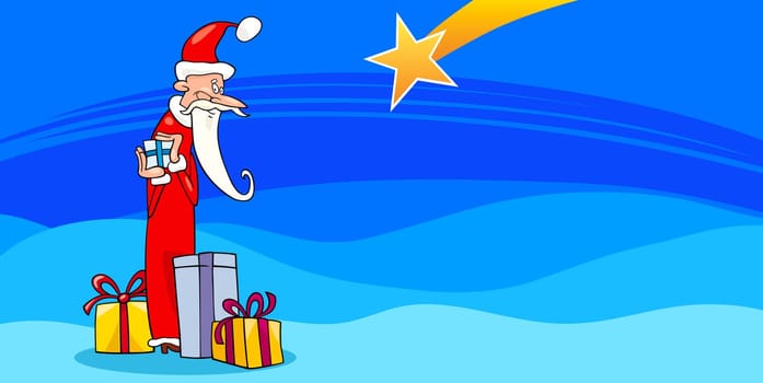 Greeting Card Cartoon Illustration of Santa Claus or Papa Noel or Father Christmas with Christmas Presents and Star