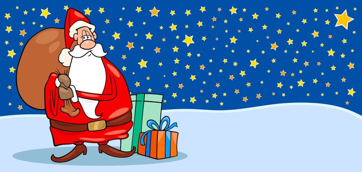 Greeting Card Cartoon Illustration of Santa Claus or Papa Noel or Father Christmas with Sack full of Christmas Presents