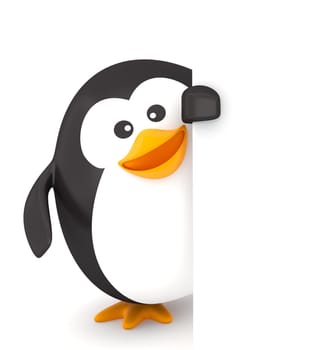 Fat penguin with empty board on white background - 3D render