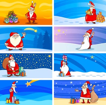 Cartoon Illustration of Greeting Cards with Santa Claus or Papa Noel or Father Christmas and other Holiday Themes Set