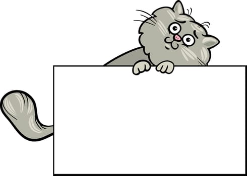 Cartoon Illustration of Funny Fluffy Cat with White Card or Board Greeting or Business Card Design Isolated