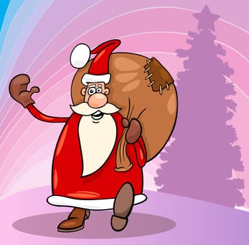 Cartoon Illustration of Funny Santa Claus or Papa Noel or Father Christmas with Sack full of Presents
