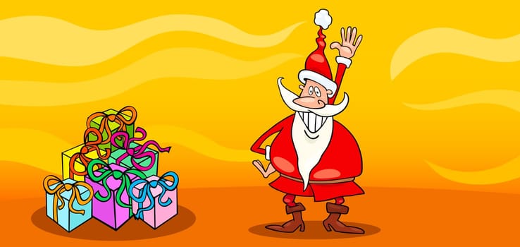Greeting Card Cartoon Illustration of Santa Claus or Papa Noel or Father Christmas with Christmas Presents
