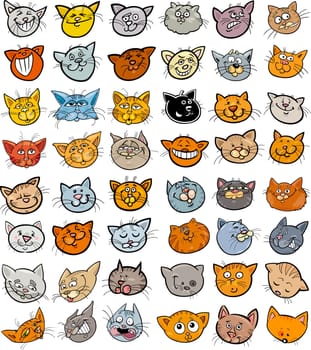 Cartoon Illustration of Different Happy Cats ot Kittens Heads Big Collection Set
