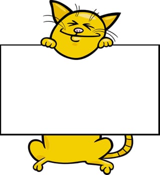 Cartoon Illustration of Funny Cat with White Card or Board Greeting or Business Card Design Isolated