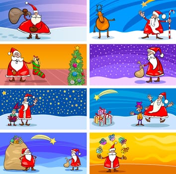Cartoon Illustration of Greeting Cards with Santa Claus or Papa Noel or Father Christmas and other Holiday Themes Set