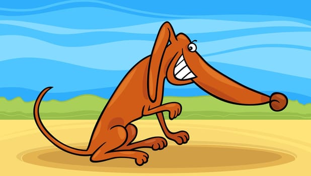 Cartoon Illustration of Funny Smiling Mongrel Dog against Rural Landscape