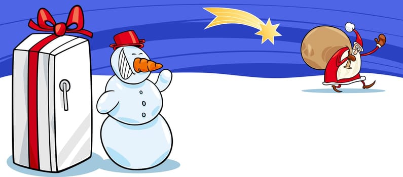 Greeting Card Cartoon Illustration of Santa Claus or Papa Noel or Father Christmas with Sack of Presents and Happy Snowman