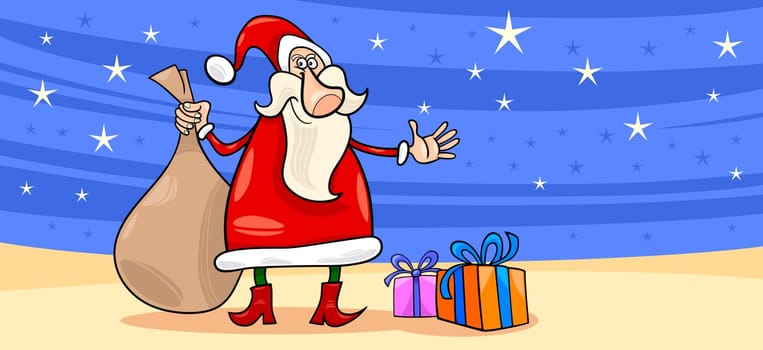 Greeting Card Cartoon Illustration of Santa Claus or Papa Noel or Father Christmas with Christmas Presents and Stars