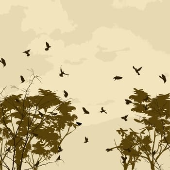 Abstract nature background with birds and tree silhouettes