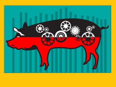 Conceptual pop art illustration of a pig with cog wheels and graphic stat