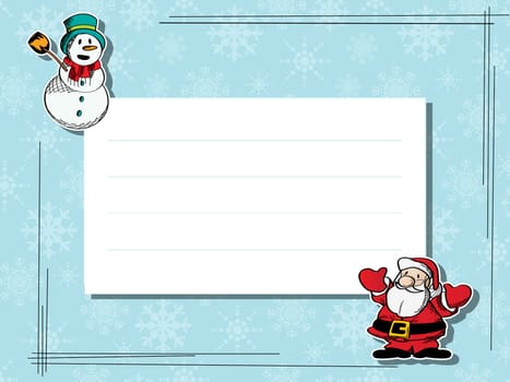 Winter celebration card with snowman and Santa