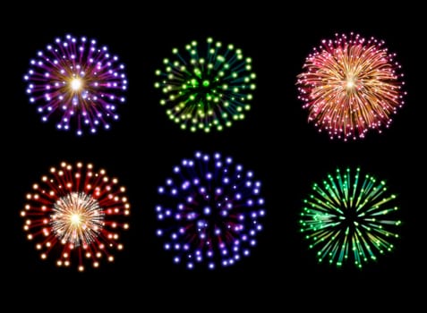 Collection of colorful fireworks, sparklers, salute and petards explosions. Design elements isolated over black background